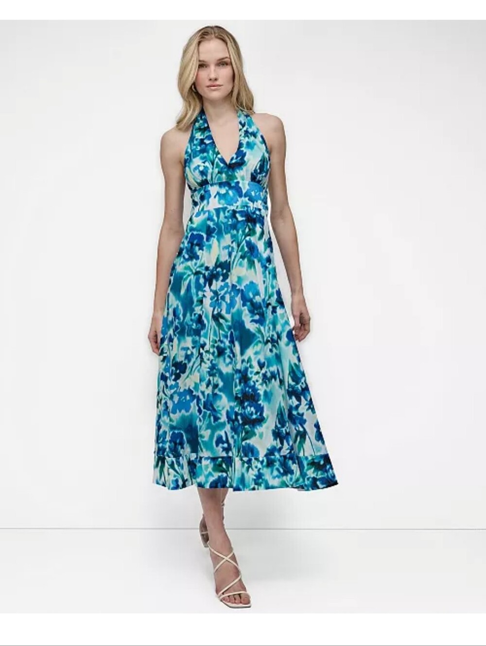 NWT DKNY Floral Halter Maxi Dress Size 16 Blue Aqua Plunge V Neck Wedding Guest